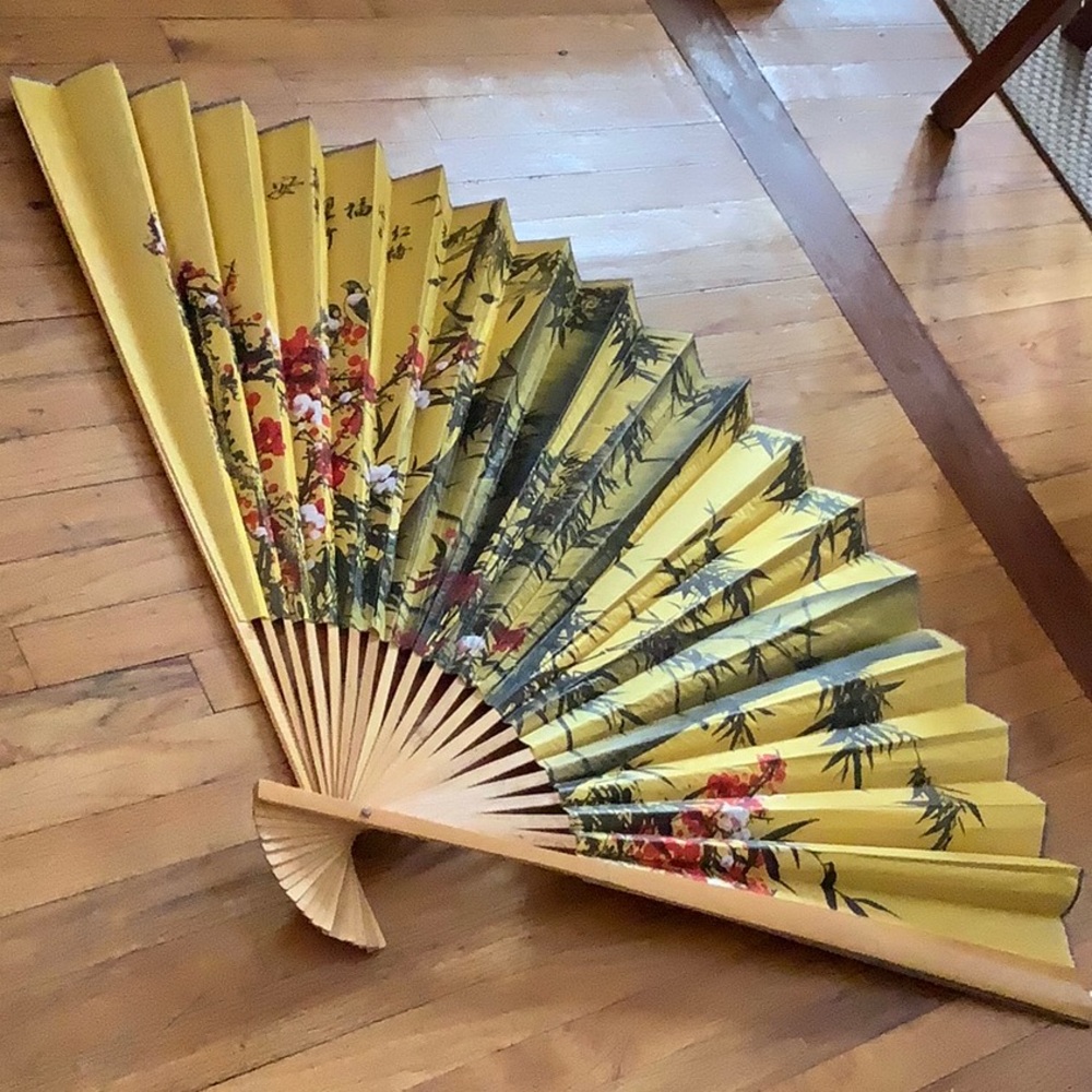 Wall Fan Hand painted birds bamboo large yellow papers 35”.5 Folded wall Art